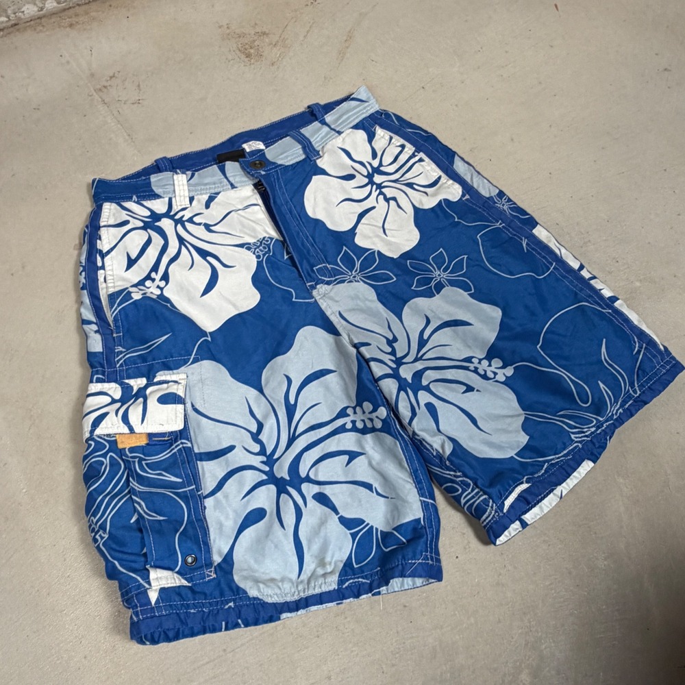 Emergency Exit Mens Reversible Hibiscus Floral Board Shorts Blue White Size 29